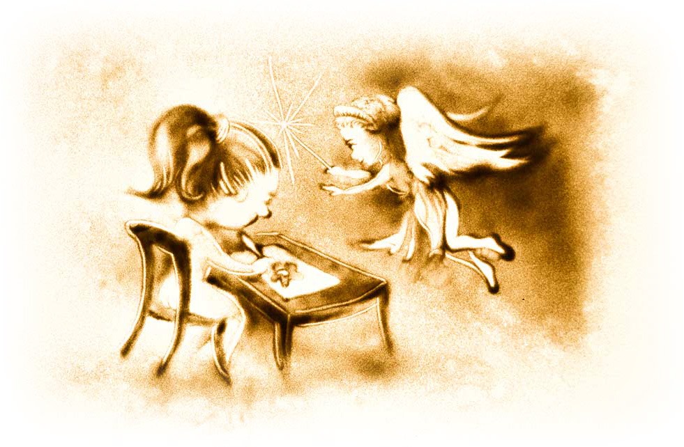 Sand art show scene featuring a beautiful muse flying around the artist drawing sketches for sand show.