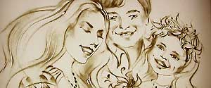Detailed sand animation frame showing a happy family portrait, created as part of a musical sand animation video