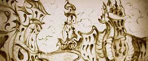 Artistic sand animation landscape frame from a music video, showcasing fluid storytelling through sand painting.